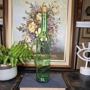 Green Glass Wine Bottle with Working Fairy Lights Cork Stopper Battery LED Decor